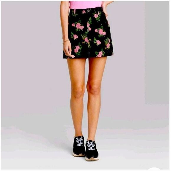 Wild Fable Black Pink Floral Corduroy High Rise Mini Skirt Women Size 8 - Picture 1 of 4
